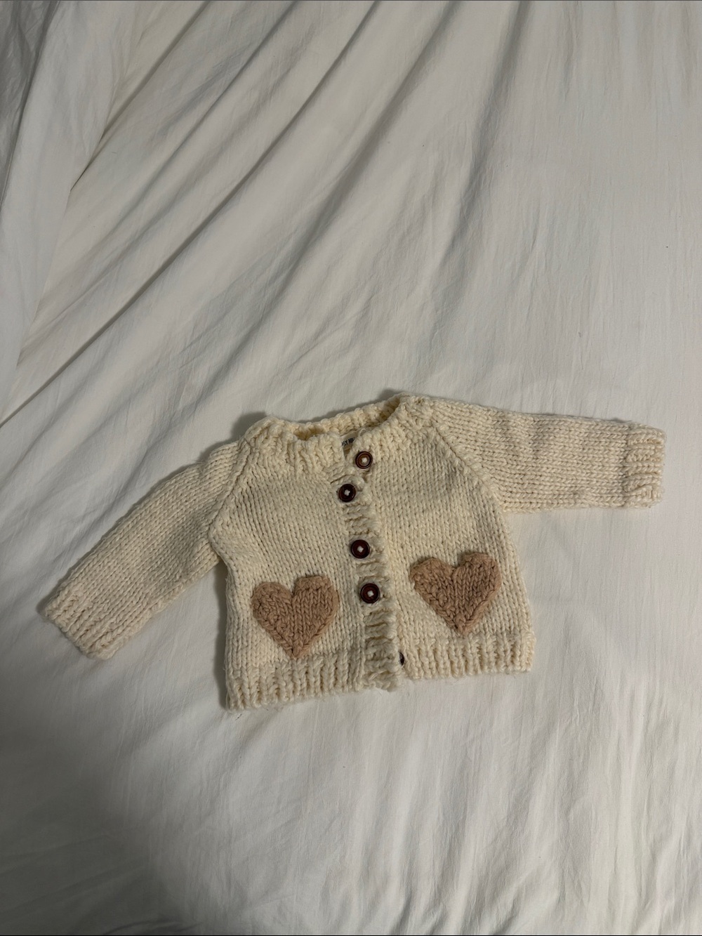 Blueberry Hill Cream Baby Cardigan with Tan Heart Pockets